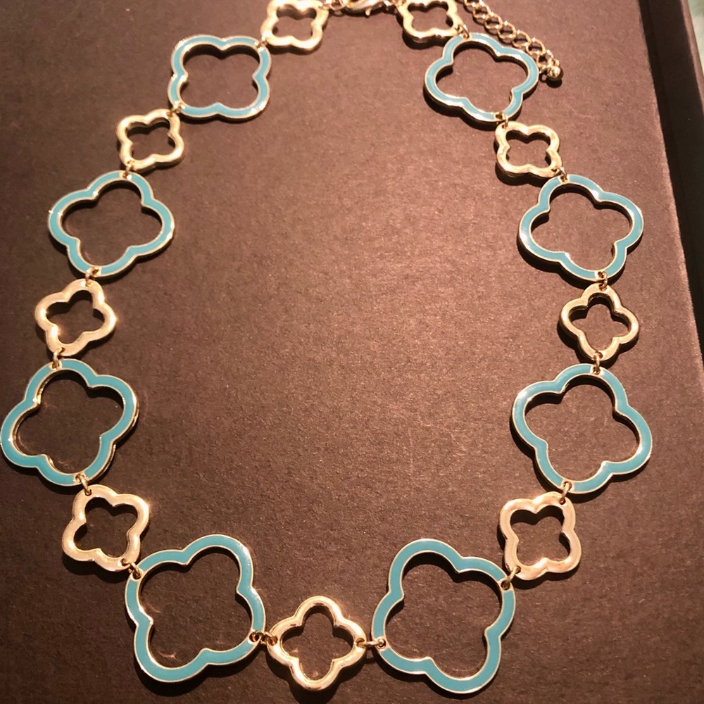 Gold Tone and Turquoise Colored Necklace Reversible 17” Extender Clover